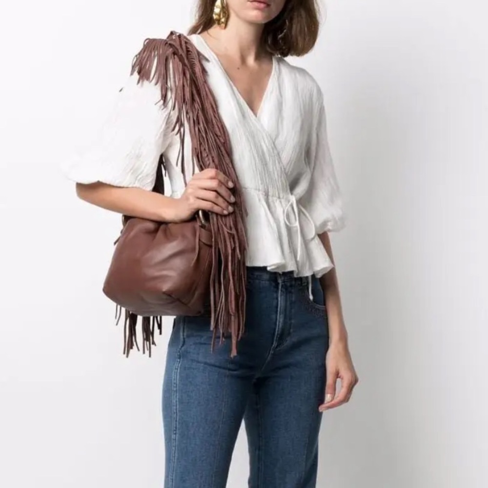 Dorothee Schumacher Leather Chocolate Brown Fringed Adventure Pouch Bag Purse